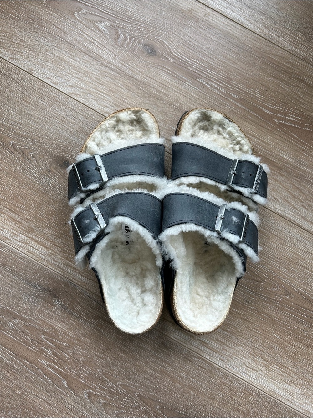 Birkenstock Oiled Leather Shearling-Lined Double-Buckle Slide Mules